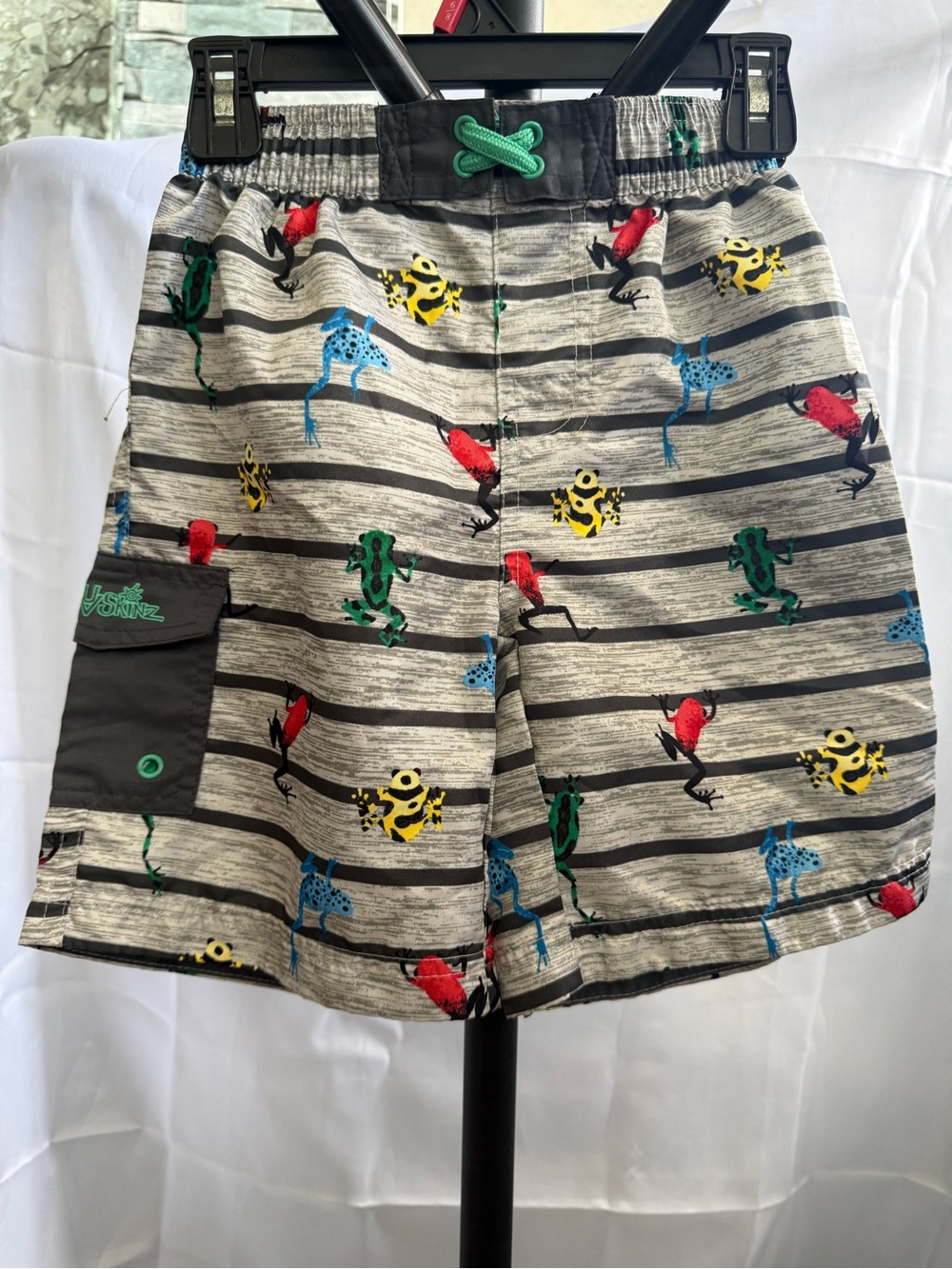 👦 4 for $10 (2 pcs)Skin Gray Striped Swim Shorts with Multi-Colored Frog Print